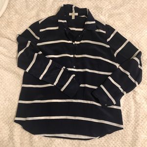 JCrew Navy and White Stripe Pop Over Silk Top